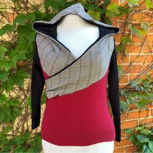 Hooded Red Black Plaid Upcycled Sweater Embody Sustainable Medium/Large